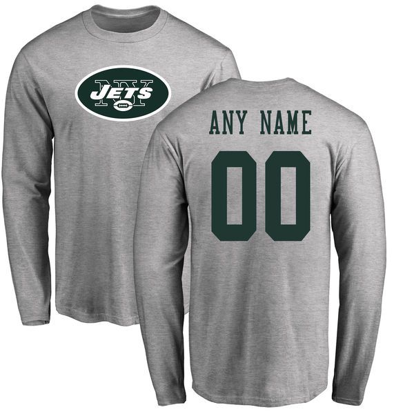 Men New York Jets NFL Pro Line Ash Custom Name and Number Logo Long Sleeve T-Shirt